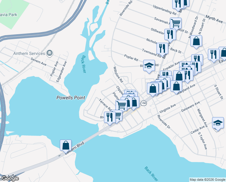 map of restaurants, bars, coffee shops, grocery stores, and more near 29 Avenal Road in Essex