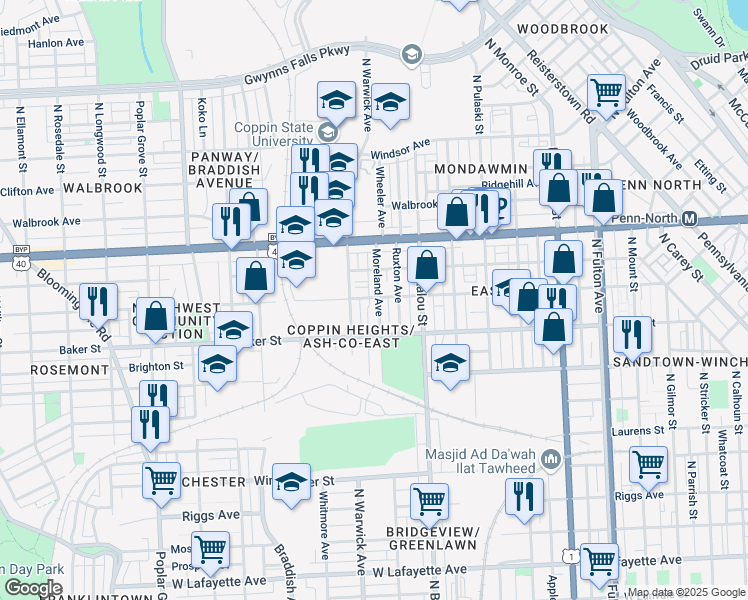 map of restaurants, bars, coffee shops, grocery stores, and more near 1652 Moreland Avenue in Baltimore