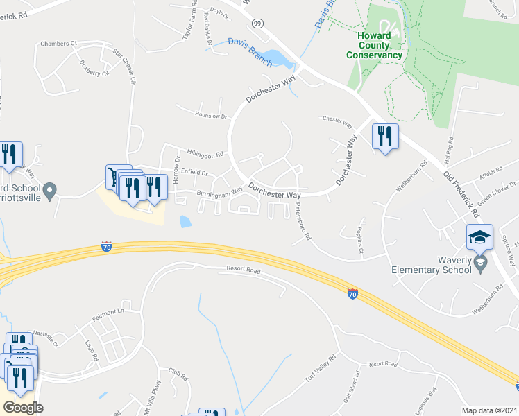 map of restaurants, bars, coffee shops, grocery stores, and more near 12 Ganton Green in Woodstock