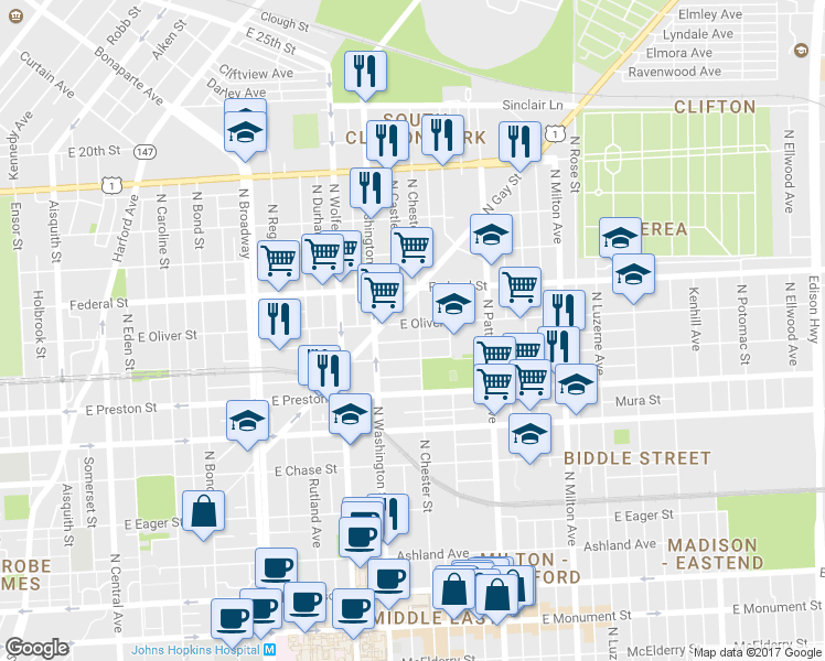 map of restaurants, bars, coffee shops, grocery stores, and more near 1426 North Chester Street in Baltimore