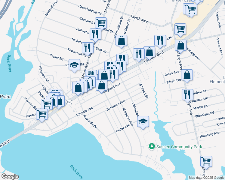 map of restaurants, bars, coffee shops, grocery stores, and more near 104 Margaret Avenue in Essex