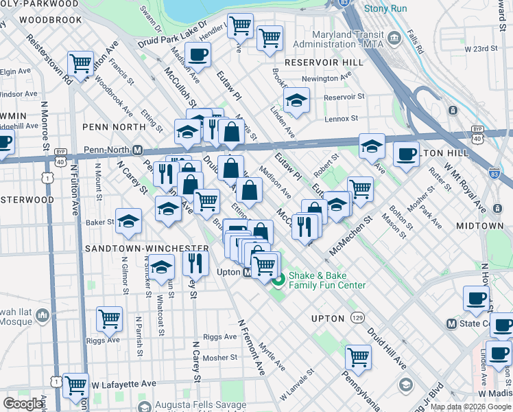 map of restaurants, bars, coffee shops, grocery stores, and more near 1939 Druid Hill Avenue in Baltimore