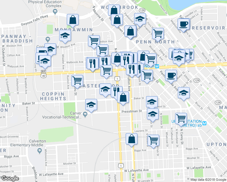 map of restaurants, bars, coffee shops, grocery stores, and more near 1643 Appleton Street in Baltimore