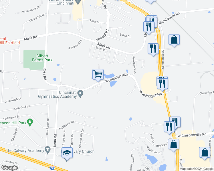 map of restaurants, bars, coffee shops, grocery stores, and more near 3851 Woodridge Boulevard in Fairfield