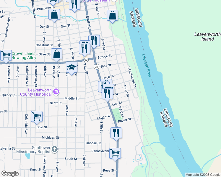 map of restaurants, bars, coffee shops, grocery stores, and more near 1210 South 3rd Street in Leavenworth