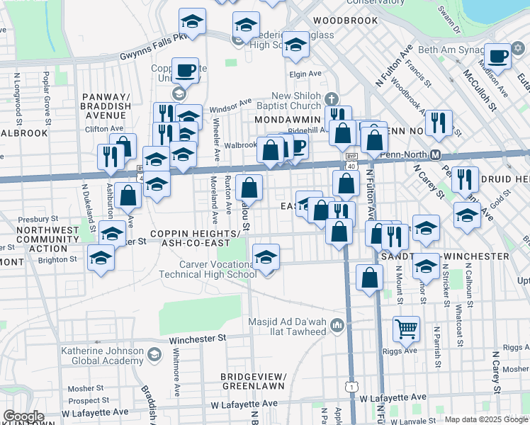 map of restaurants, bars, coffee shops, grocery stores, and more near 1650 North Smallwood Street in Baltimore