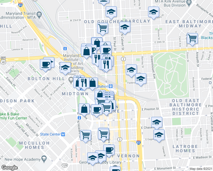 map of restaurants, bars, coffee shops, grocery stores, and more near 1525 North Charles Street in Baltimore