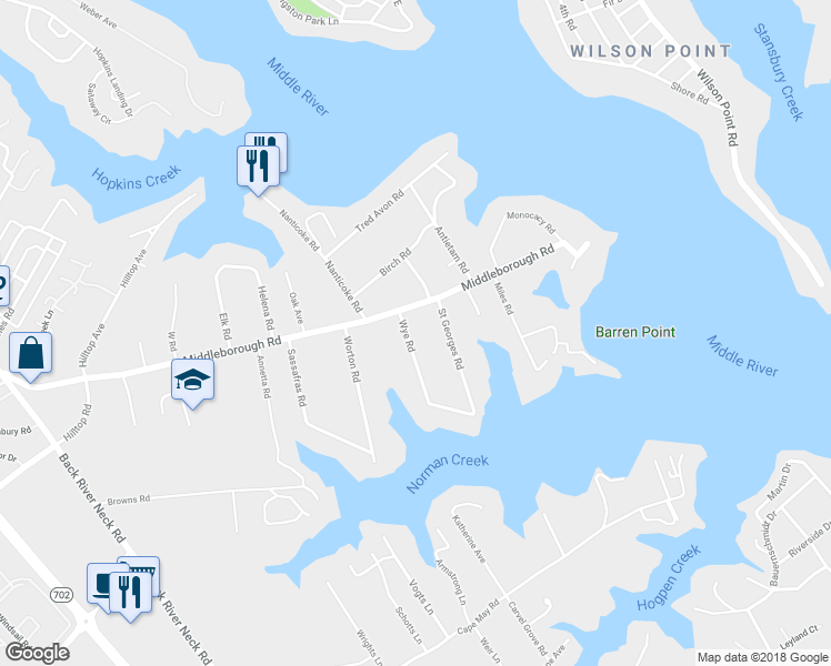 map of restaurants, bars, coffee shops, grocery stores, and more near 307 Wye Road in Essex