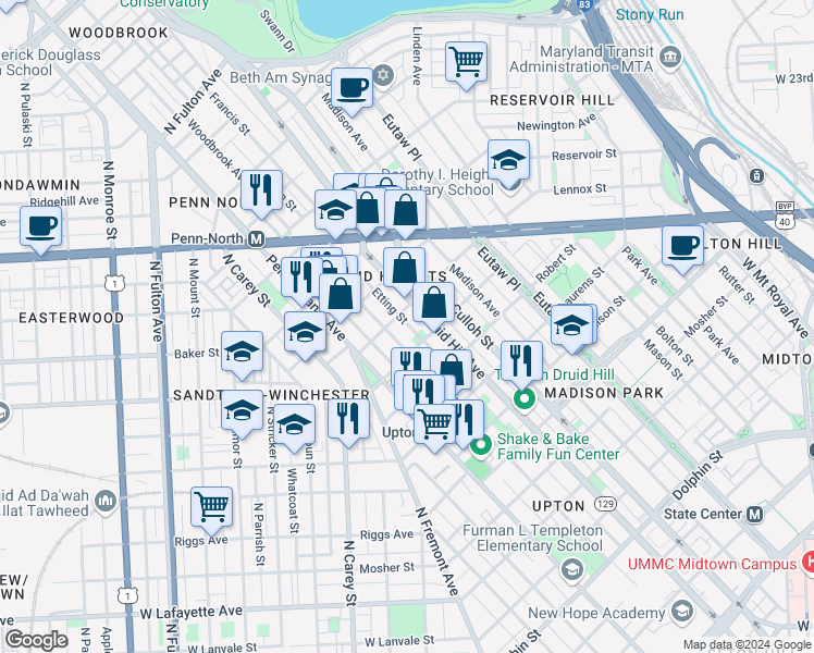 map of restaurants, bars, coffee shops, grocery stores, and more near 2028 Etting Street in Baltimore