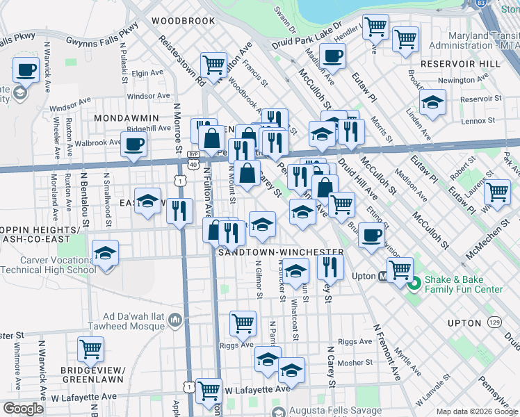 map of restaurants, bars, coffee shops, grocery stores, and more near 1646 North Calhoun Street in Baltimore
