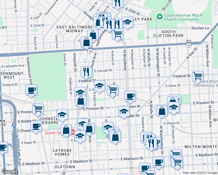 map of restaurants, bars, coffee shops, grocery stores, and more near 1506 East Oliver Street in Baltimore