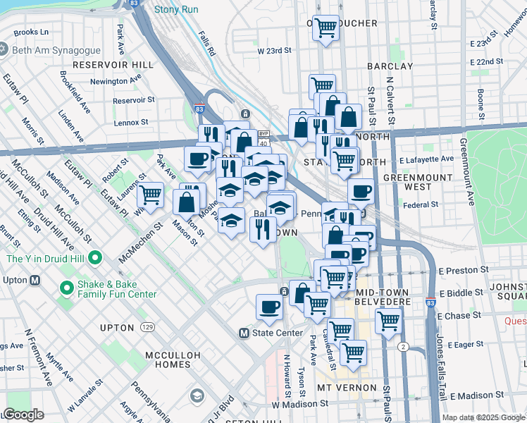 map of restaurants, bars, coffee shops, grocery stores, and more near 1300 West Mount Royal Avenue in Baltimore