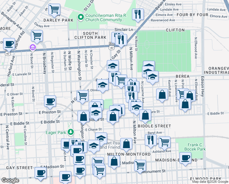 map of restaurants, bars, coffee shops, grocery stores, and more near 1429 North Patterson Park Avenue in Baltimore