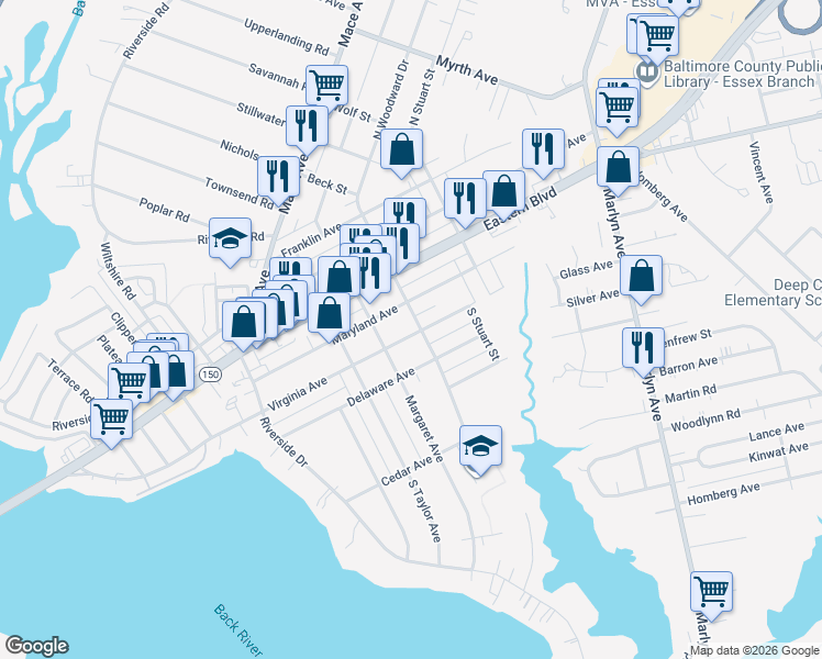 map of restaurants, bars, coffee shops, grocery stores, and more near 520 Virginia Avenue in Essex