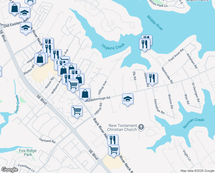 map of restaurants, bars, coffee shops, grocery stores, and more near 1720 Hilltop Avenue in Essex