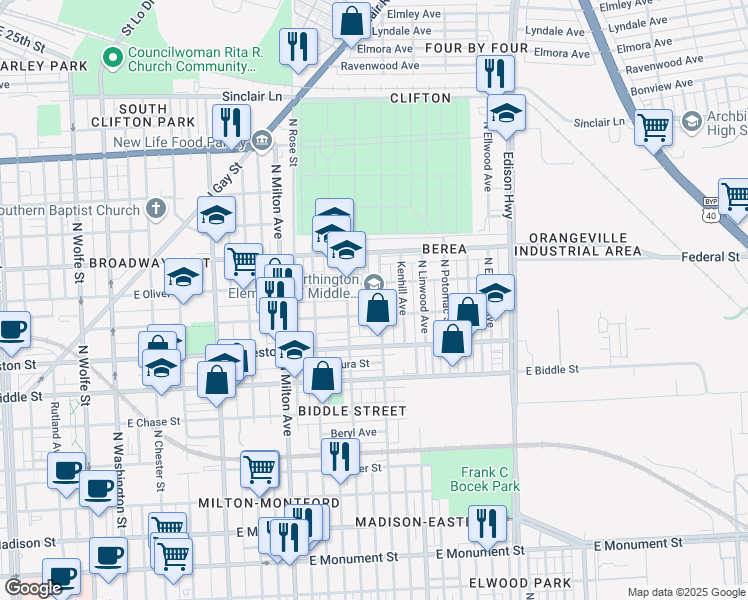 map of restaurants, bars, coffee shops, grocery stores, and more near 2710 East Hoffman Street in Baltimore