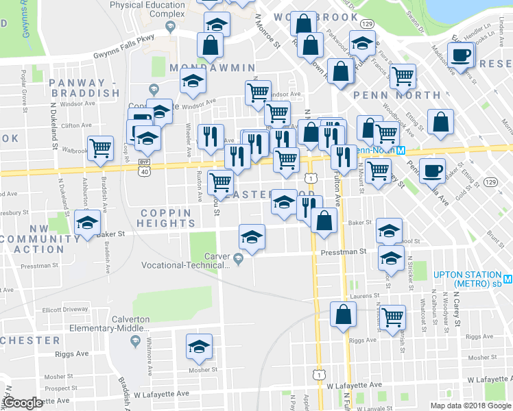 map of restaurants, bars, coffee shops, grocery stores, and more near 2105 Presbury St in Baltimore