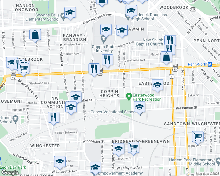 map of restaurants, bars, coffee shops, grocery stores, and more near Presbury Street in Baltimore