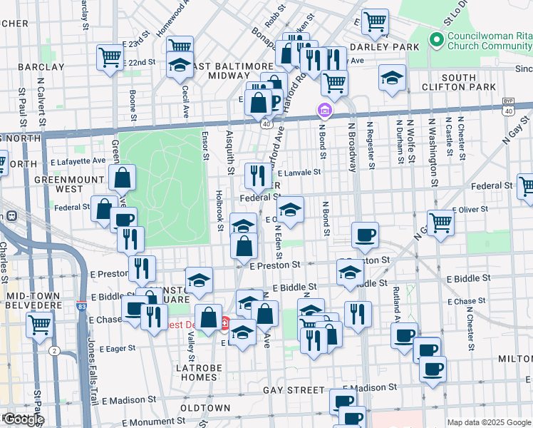 map of restaurants, bars, coffee shops, grocery stores, and more near 1521 Harford Avenue in Baltimore