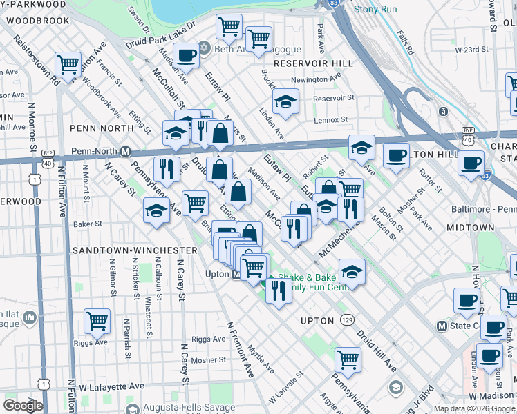map of restaurants, bars, coffee shops, grocery stores, and more near 1918 McCulloh Street in Baltimore