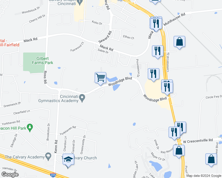 map of restaurants, bars, coffee shops, grocery stores, and more near 3851 Woodridge Boulevard in Fairfield