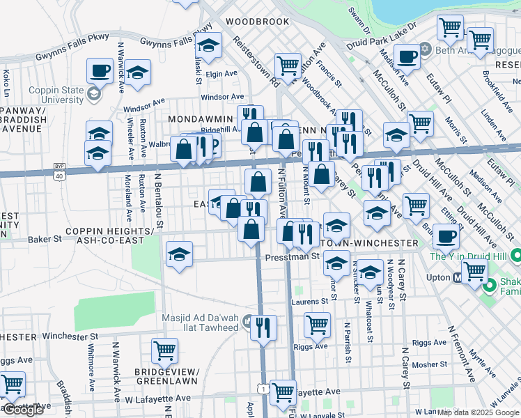 map of restaurants, bars, coffee shops, grocery stores, and more near 1645 North Monroe Street in Baltimore