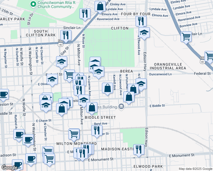 map of restaurants, bars, coffee shops, grocery stores, and more near 2710 East Hoffman Street in Baltimore