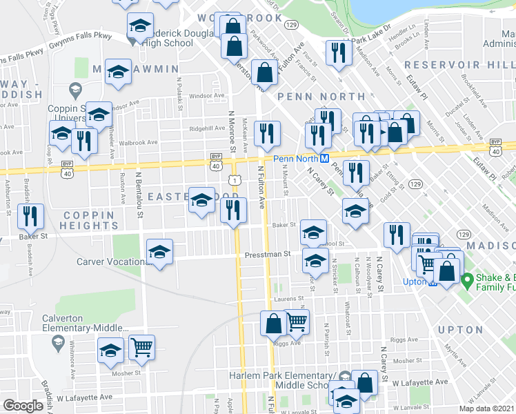 map of restaurants, bars, coffee shops, grocery stores, and more near 1642 N Fulton Ave in Baltimore