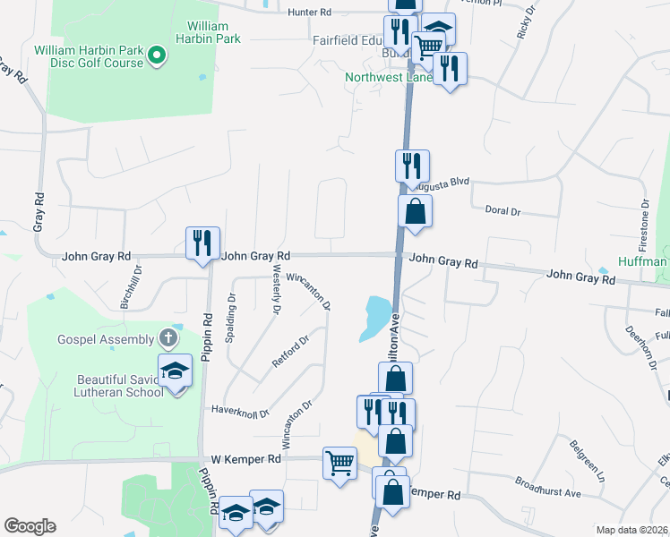 map of restaurants, bars, coffee shops, grocery stores, and more near 2451 John Gray Road in Cincinnati