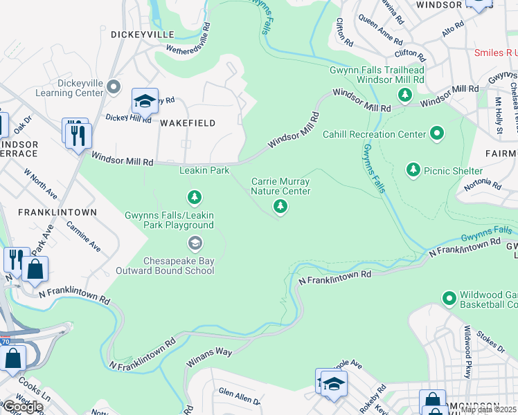map of restaurants, bars, coffee shops, grocery stores, and more near 1901 Ridgetop Road in Baltimore