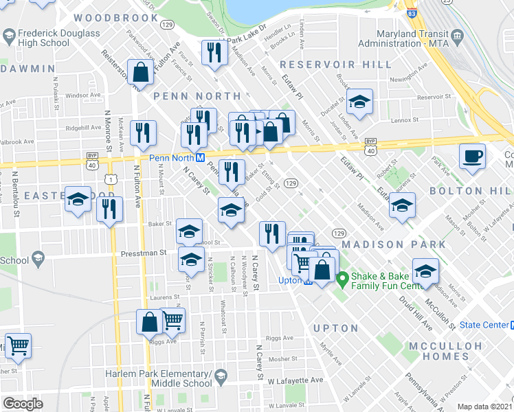 map of restaurants, bars, coffee shops, grocery stores, and more near 539 Gold Street in Baltimore