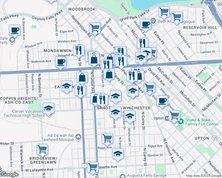 map of restaurants, bars, coffee shops, grocery stores, and more near 1638 North Gilmor Street in Baltimore
