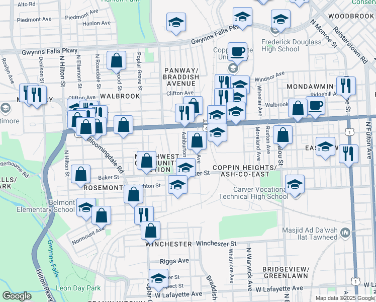map of restaurants, bars, coffee shops, grocery stores, and more near 1707 Ashburton Street in Baltimore