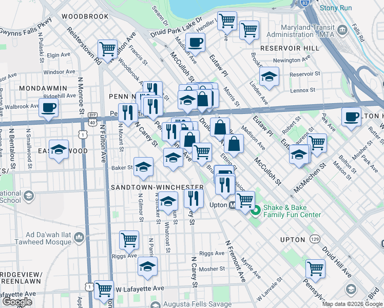 map of restaurants, bars, coffee shops, grocery stores, and more near 539 Gold Street in Baltimore