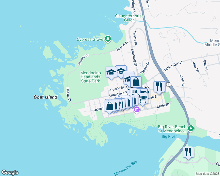 map of restaurants, bars, coffee shops, grocery stores, and more near 10650 William Street in Mendocino