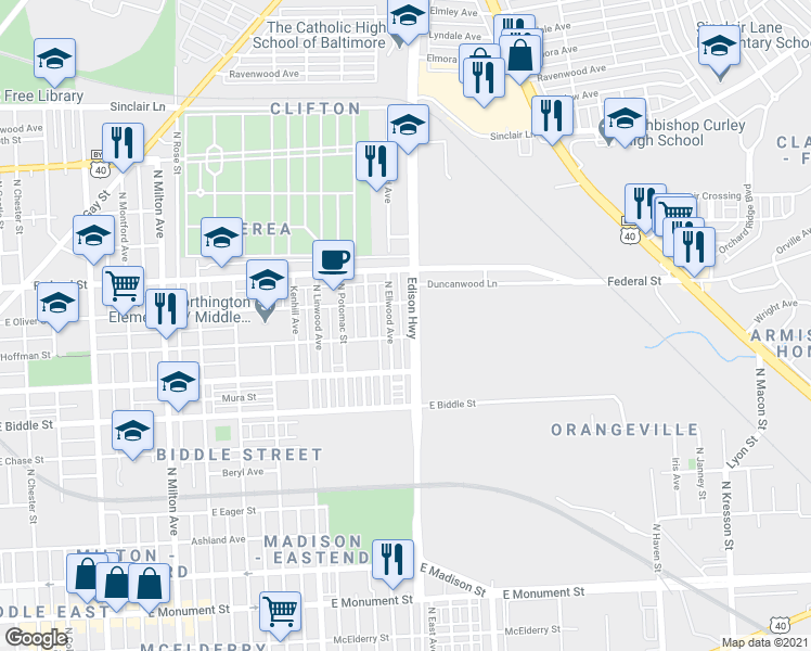 map of restaurants, bars, coffee shops, grocery stores, and more near 1405 North Ellwood Avenue in Baltimore