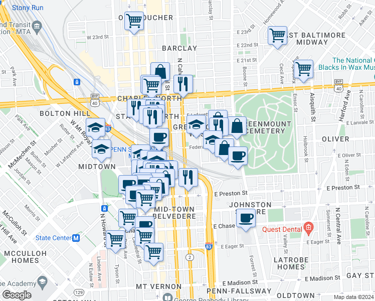 map of restaurants, bars, coffee shops, grocery stores, and more near 101 Independence Avenue Southeast in Washington