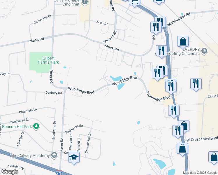 map of restaurants, bars, coffee shops, grocery stores, and more near 3791 Woodridge Boulevard in Fairfield