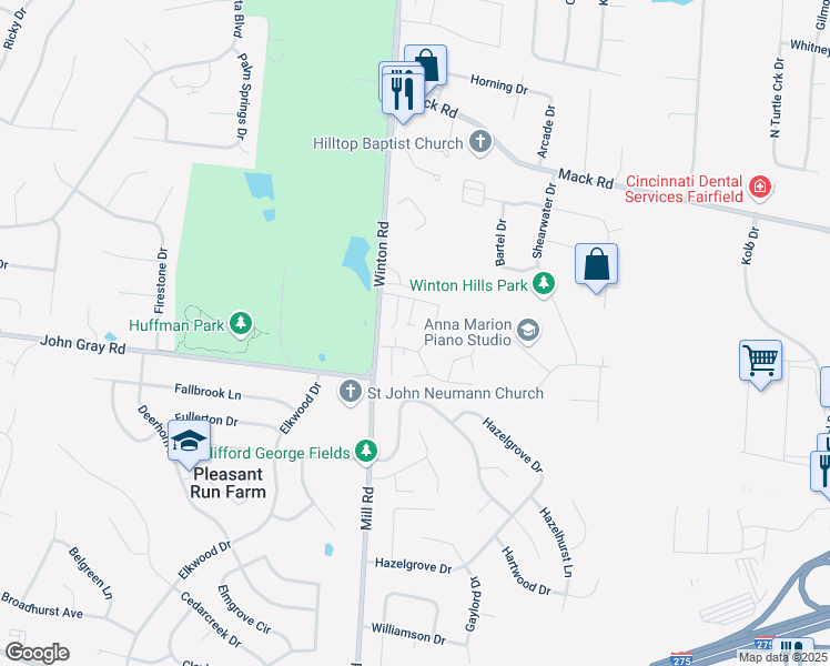 map of restaurants, bars, coffee shops, grocery stores, and more near 18 Today Drive in Fairfield