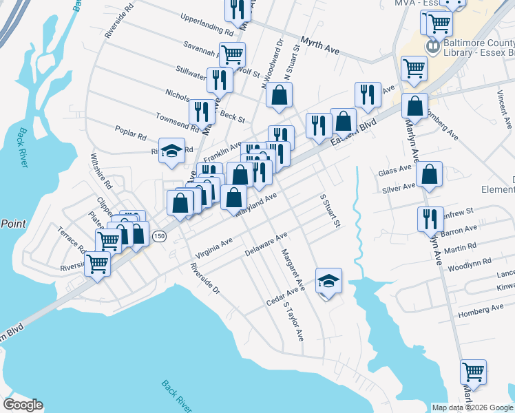 map of restaurants, bars, coffee shops, grocery stores, and more near 100 Margaret Avenue in Essex