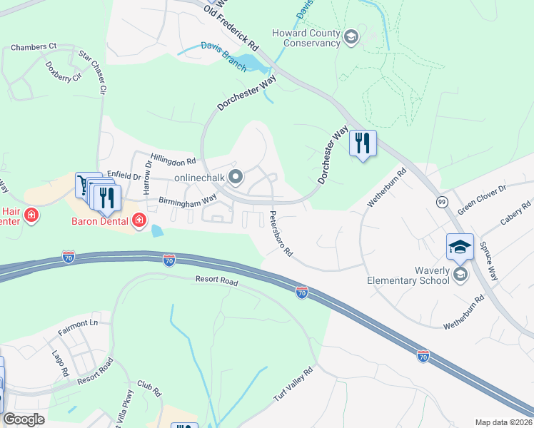 map of restaurants, bars, coffee shops, grocery stores, and more near 2219 Merion Pond in Ellicott City