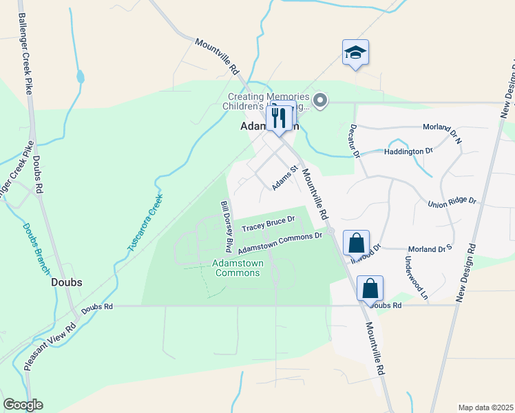 map of restaurants, bars, coffee shops, grocery stores, and more near 3681 Cap Stine Road in Adamstown