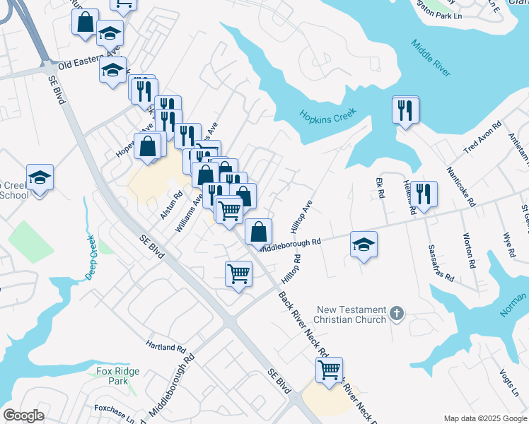 map of restaurants, bars, coffee shops, grocery stores, and more near 6 Ebbtide Court in Essex