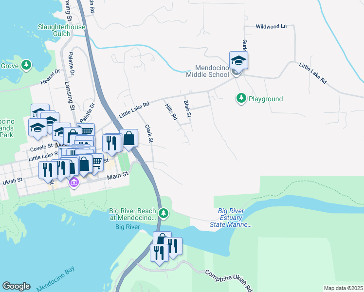 map of restaurants, bars, coffee shops, grocery stores, and more near 10392 Hills Road in Mendocino