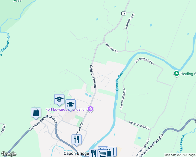 map of restaurants, bars, coffee shops, grocery stores, and more near 52 Waterview Drive in Capon Bridge