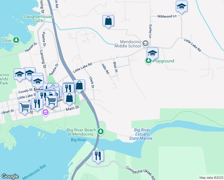 map of restaurants, bars, coffee shops, grocery stores, and more near 10392 Hills Road in Mendocino