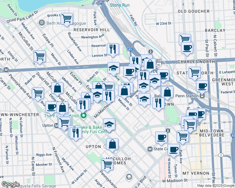map of restaurants, bars, coffee shops, grocery stores, and more near 1600 Bolton Street in Baltimore