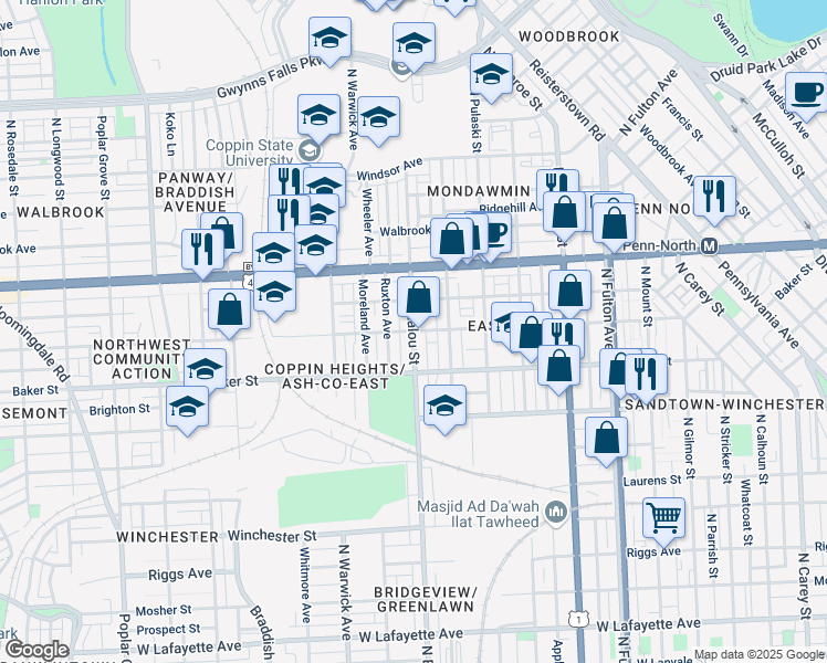 map of restaurants, bars, coffee shops, grocery stores, and more near N Bentalou St & Presbury St in Baltimore