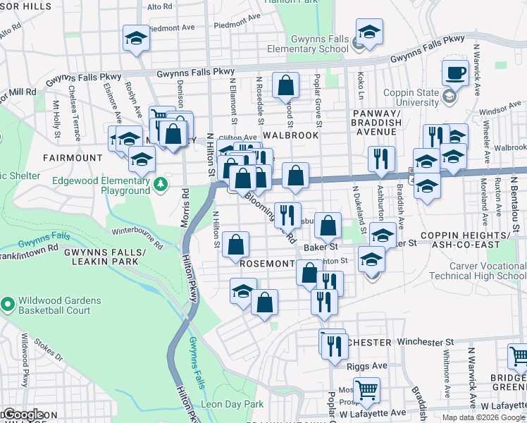 map of restaurants, bars, coffee shops, grocery stores, and more near 1722 Bloomingdale Road in Baltimore