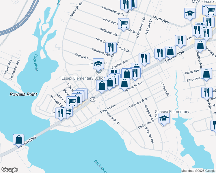 map of restaurants, bars, coffee shops, grocery stores, and more near 406 Eastern Boulevard in Essex